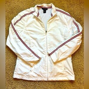 Izod Women’s White Windbreaker Jacket With Striped Long Sleeves | Medium